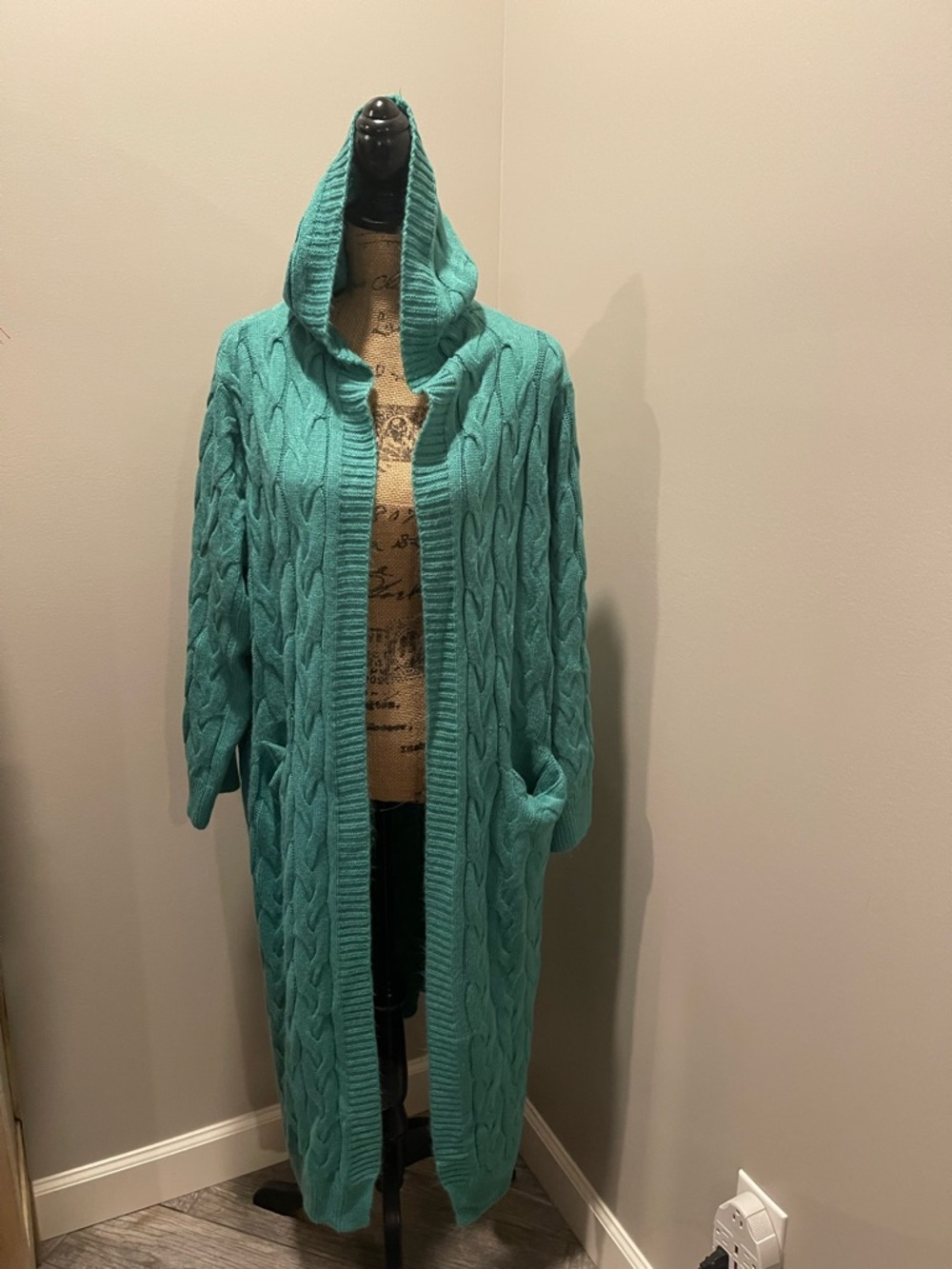Hooded Cable Knit Long Cardigan Sweater - Green